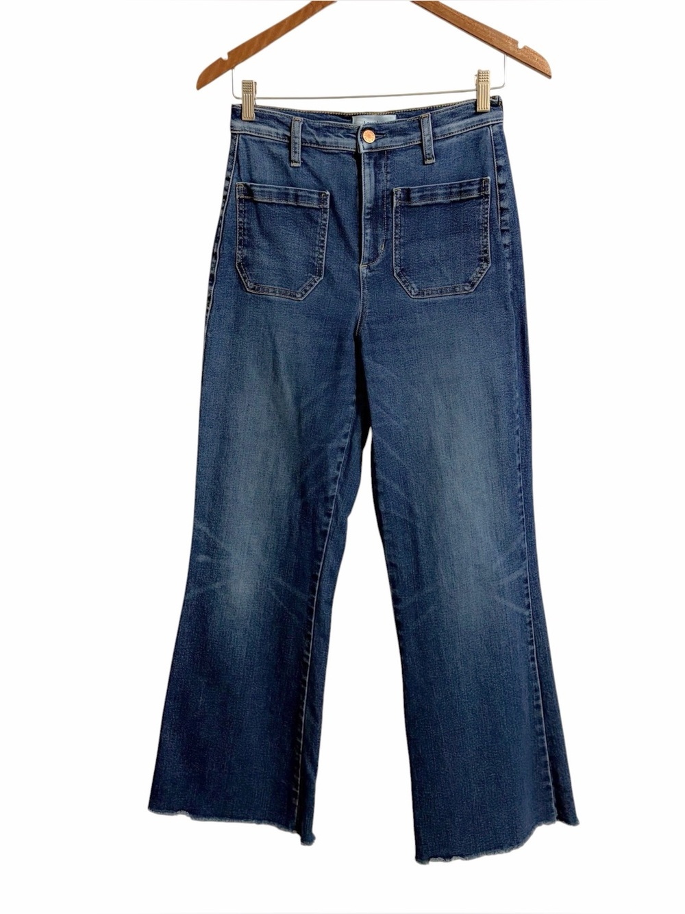 Level 99 Boho High Rise Flare Jeans 27 Blue Dark Wash Raw Hem Patch Pockets